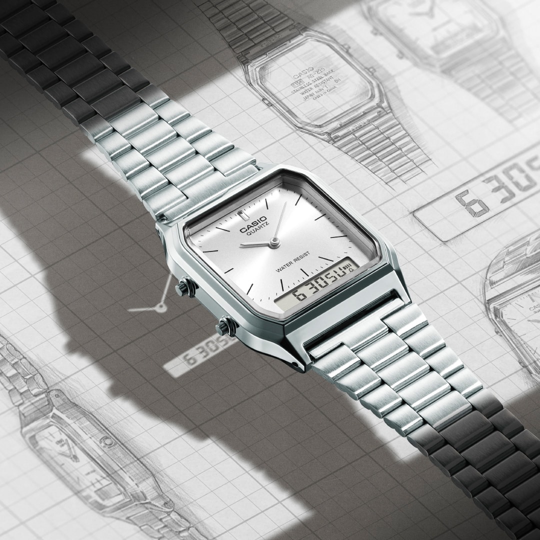 Casio AQ230 series watch against design drawings denoting style