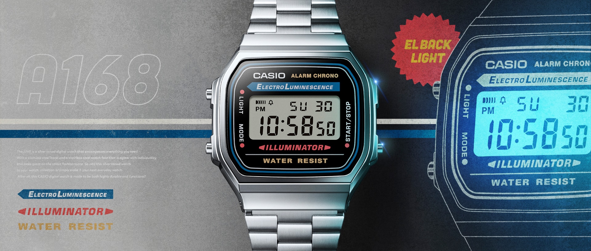 Casio A168WA-1 vintage digital watch denoting EL backlight feature and retro style.