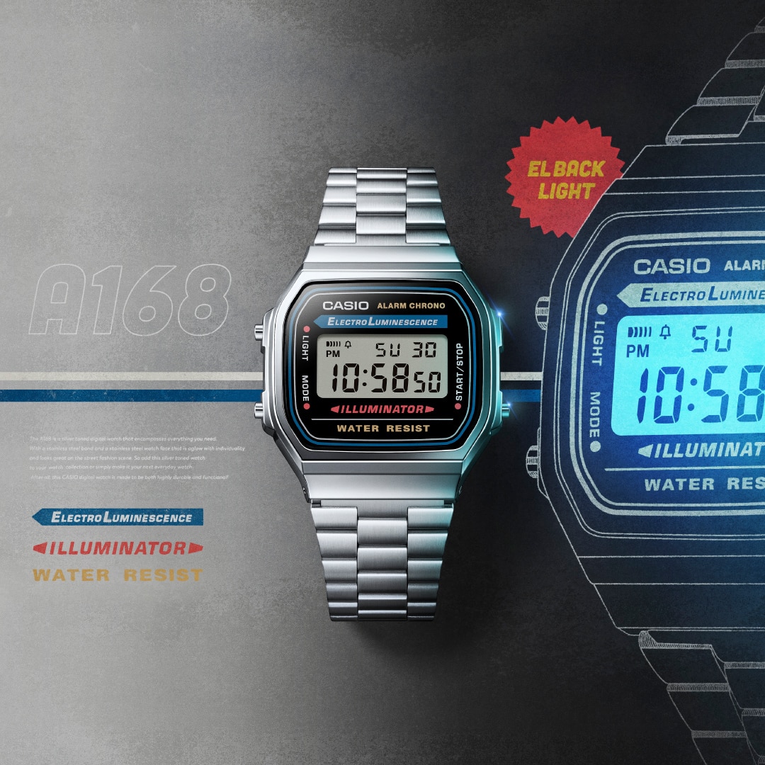 Casio A168WA-1 vintage digital watch denoting EL backlight feature and style.