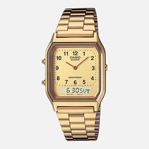 Casio AQ-230GA-9 vintage watch front view denoting minimalist style and detail