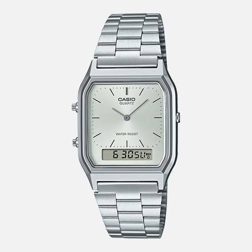 Casio AQ-230A-7AVT vintage watch front view denoting minimalist style and detail