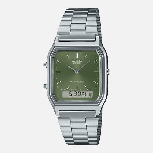 Casio AQ-230A-3AMQY vintage watch front view denoting minimalist style and detail