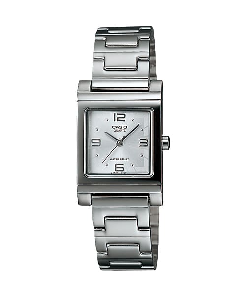 Casio LTP1237D-7A rectangular dress watch front view denoting style.