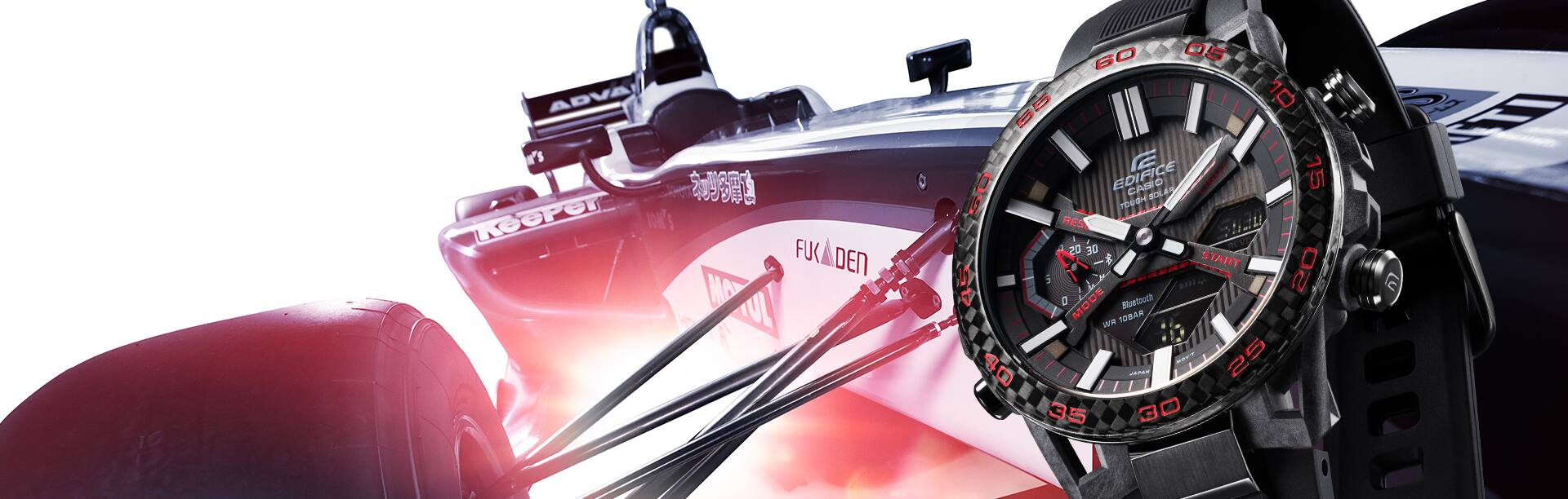 Casio EDIFICE ECB2000 motorsports watch juxtaposed with a race car denoting style