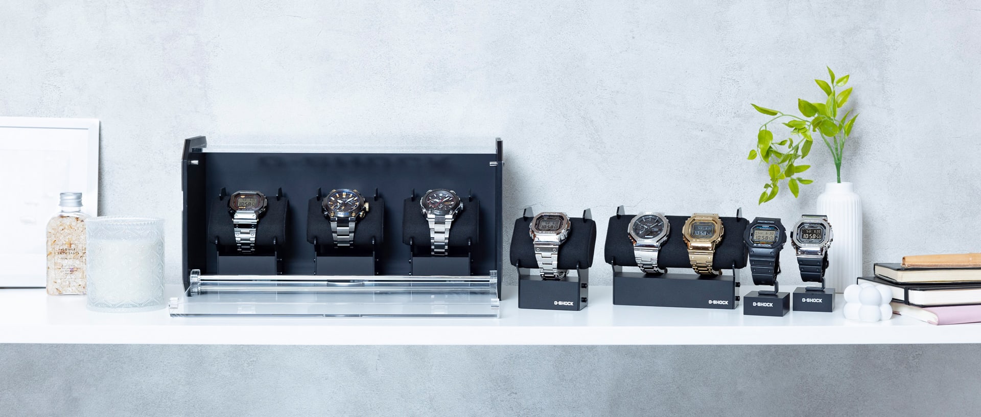 G-SHOCK stored in a Collection Display set and Watch Mounts