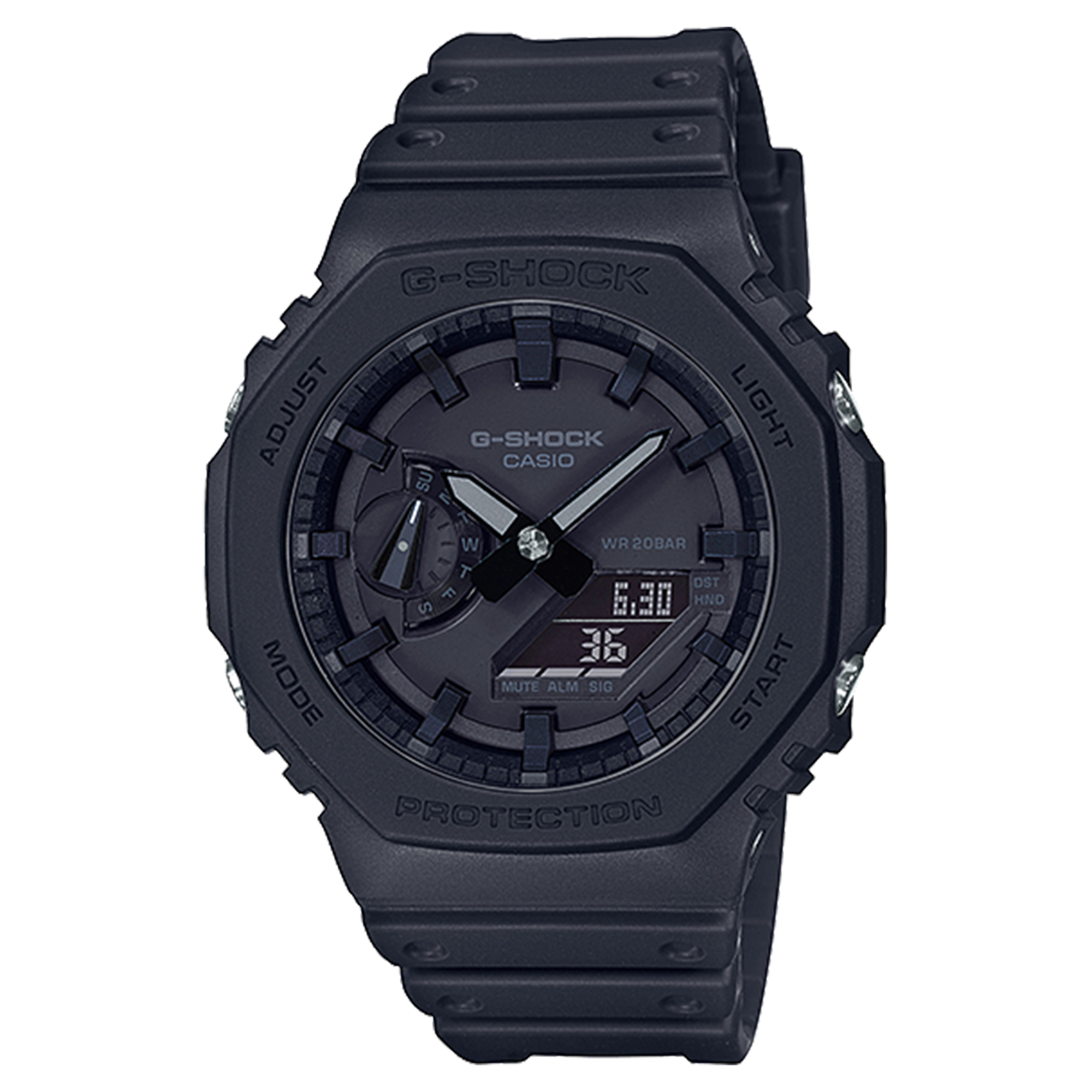 G-SHOCK GA2100-1A1 watch front view, representative of the style of the GA2100 line of watches.
