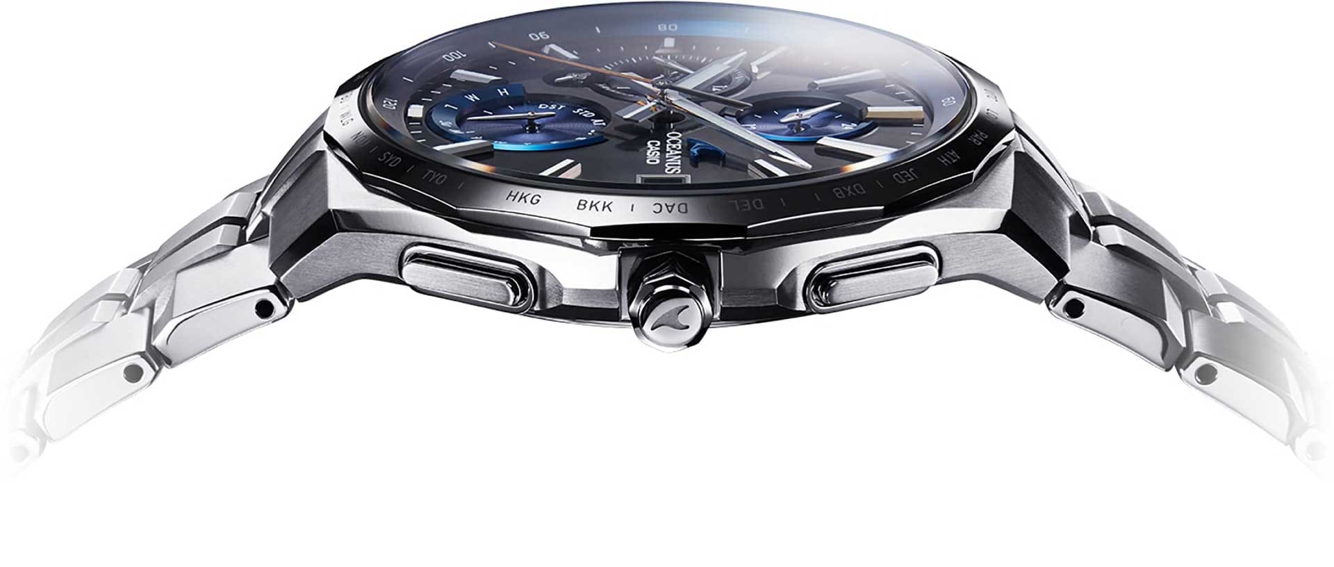Casio Oceanus luxury watch profile view denoting elegance of detail