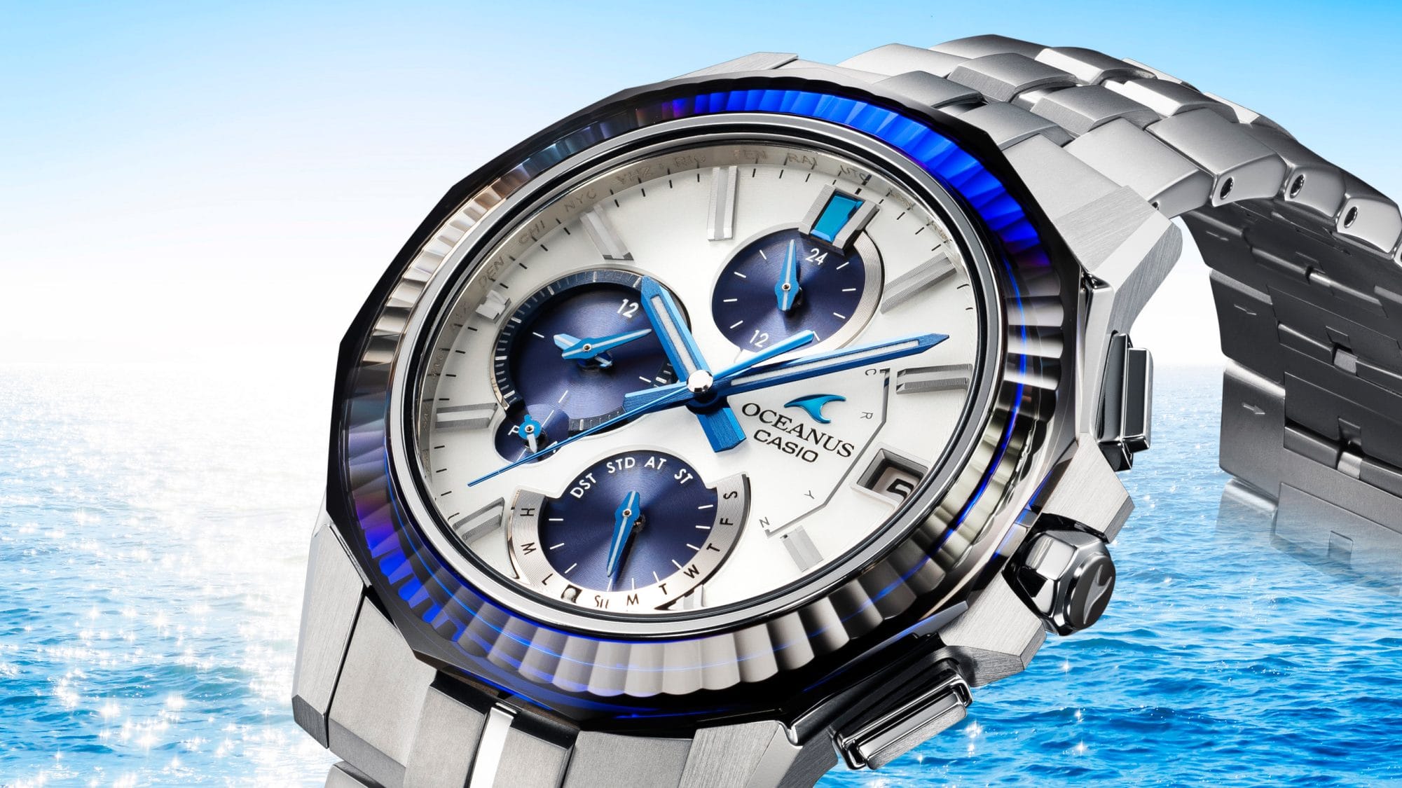 Casio Oceanus OCWS6000 series luxury watch amidst a blue ocean denoting the beautiful special bezel materials
