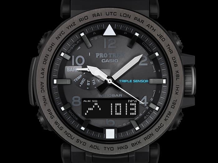 Casio Pro Trek PRG650Y-1 denoting the thermometer feature as part of the Triple Sensor