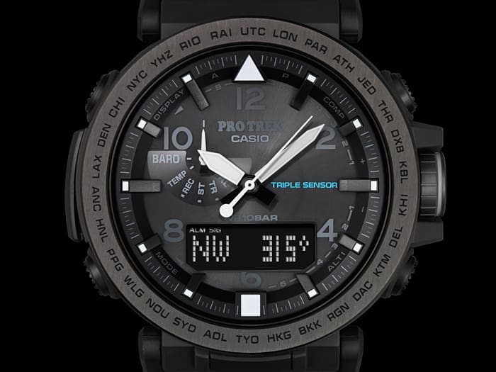 Casio Pro Trek PRG650Y-1 denoting the compass feature as part of the Triple Sensor