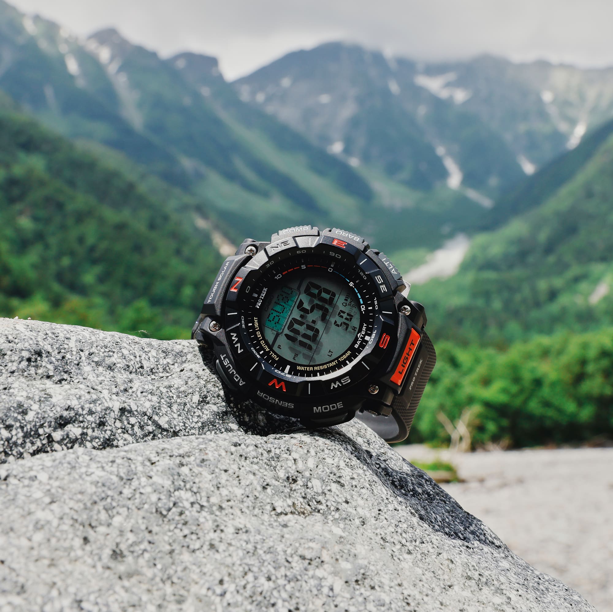 Casio Pro Trek PRG340-1 amidst mountains denoting style and toughness