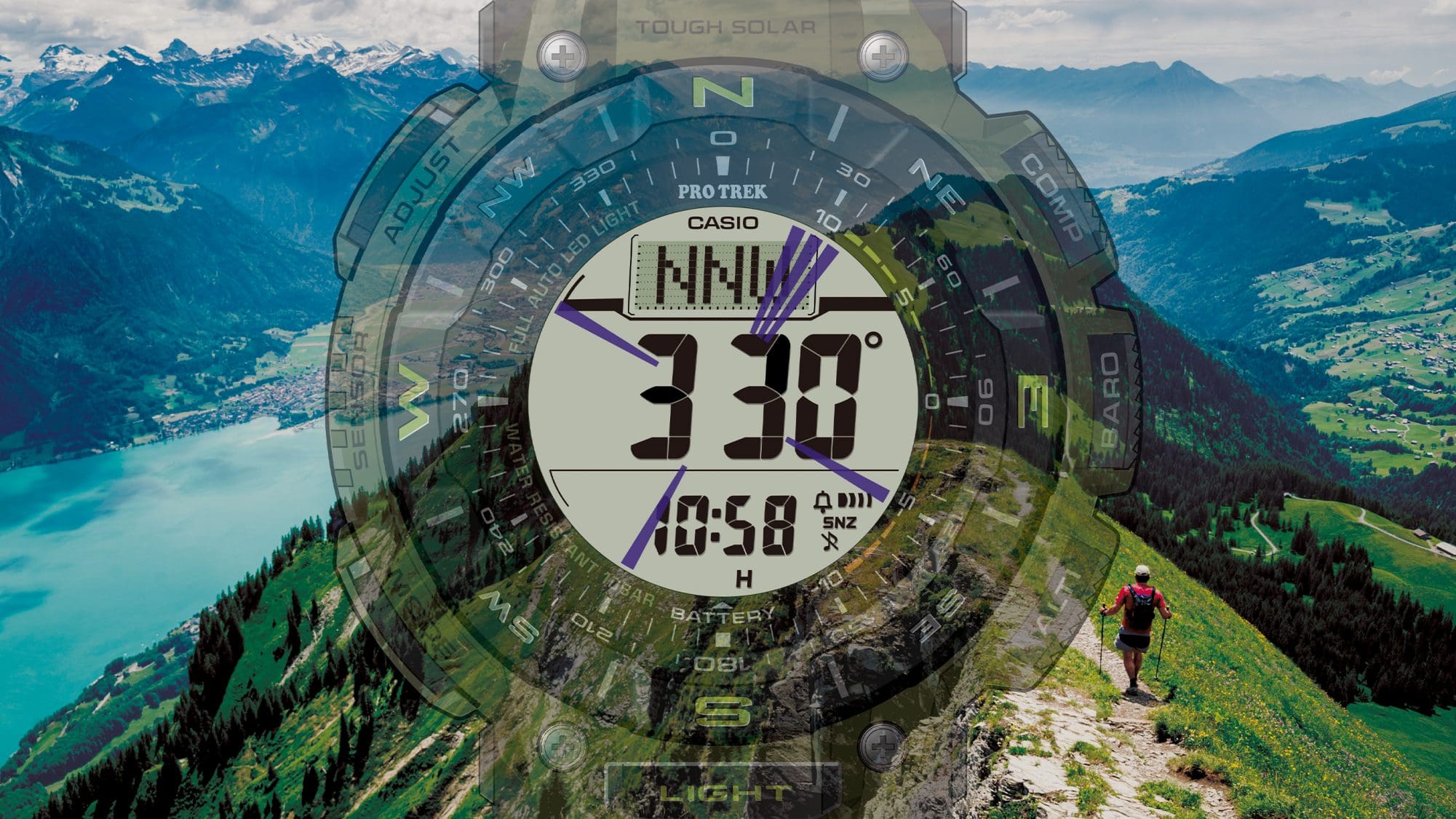 Casio Pro Trek PRG340SC amidst mountains denoting the Triple Sensor feature