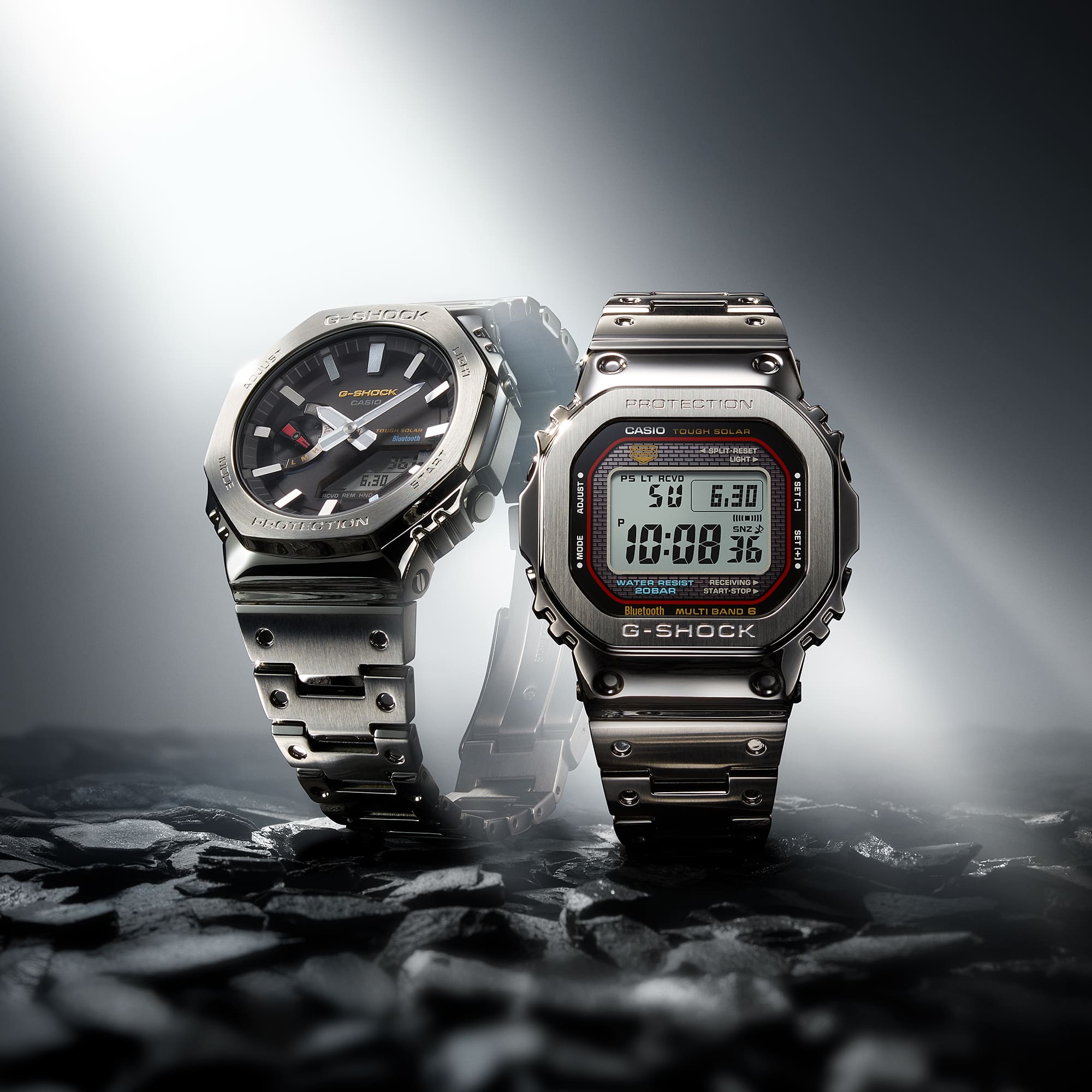 rom left: G-SHOCK  GMB2100SD-1C,  GMWB5000D-1C full  metal affordable  luxury watches in  bands of light denoting  style