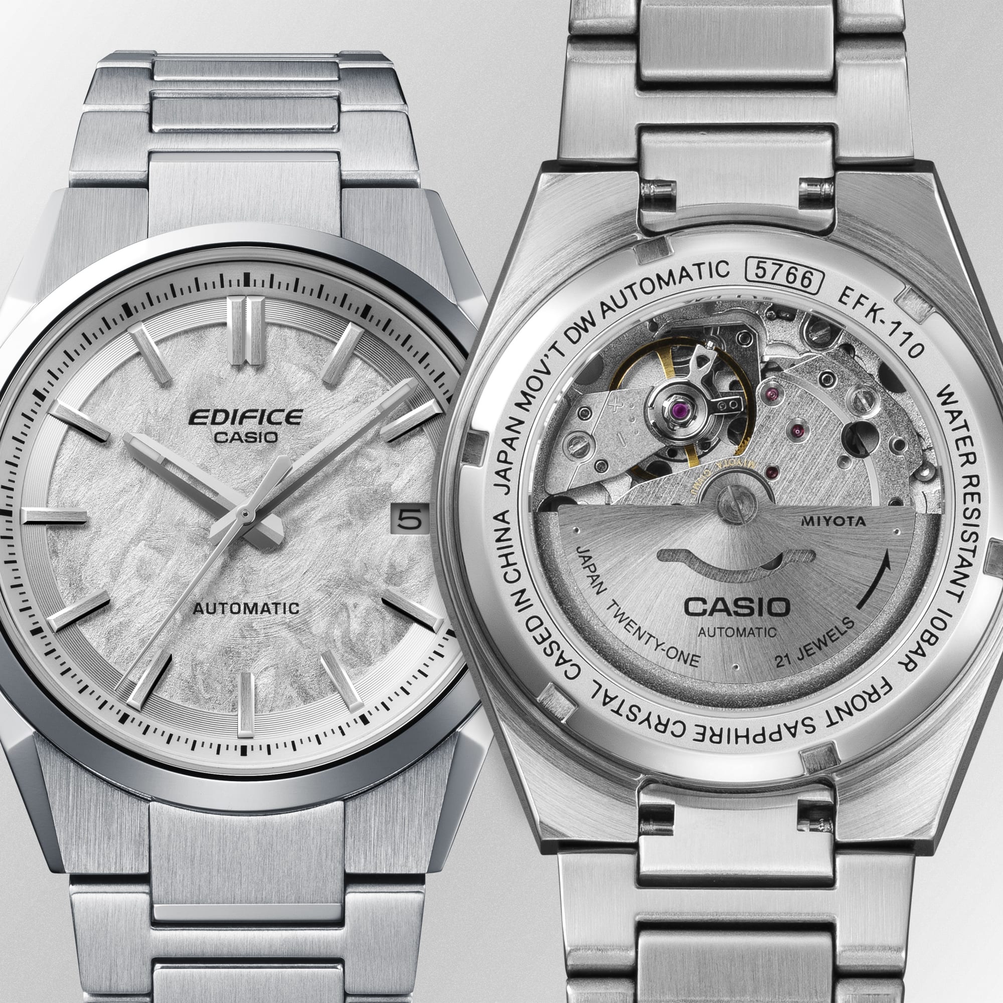 EDIFICE EFK110D 7A affordable luxury  watch front and back  views denoting automatic movement  and metal styling.