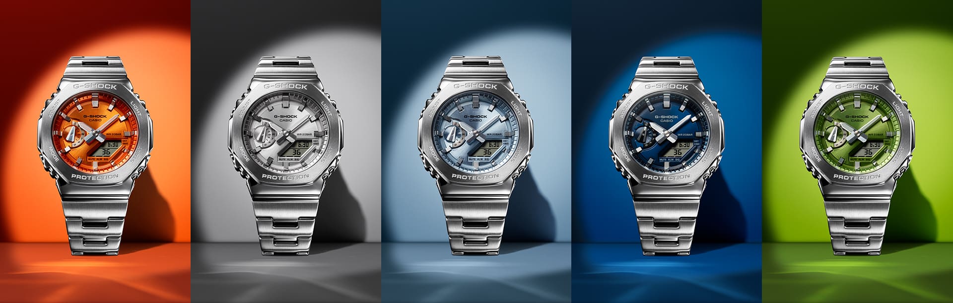 Montage of G-SHOCK  G-STEEL GM2110D collection of affordable  luxury watches  denoting stylish color  dials.