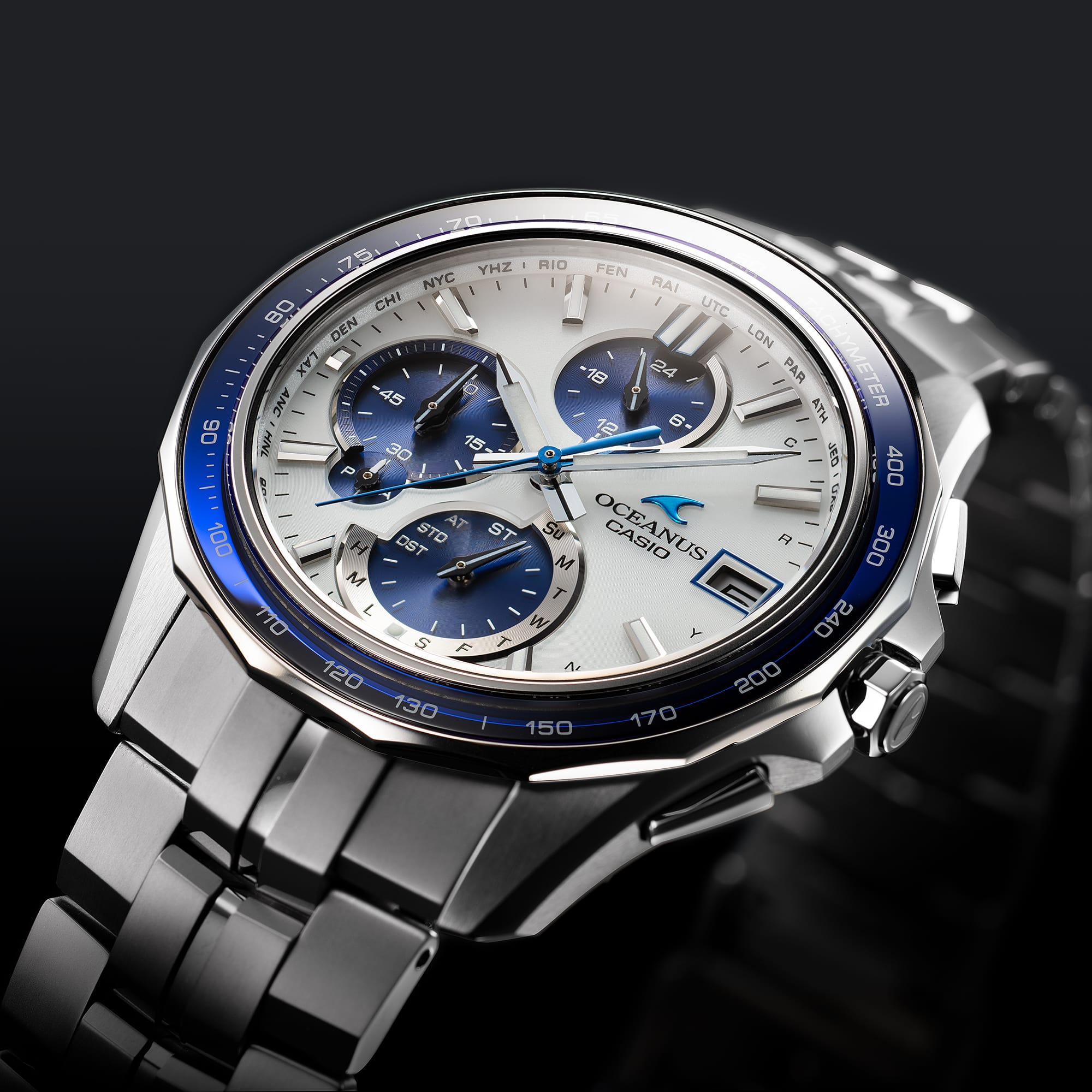 Casio OCEANUS  OCWS7000D-7A  affordable luxury  watch angled front  view denoting style.