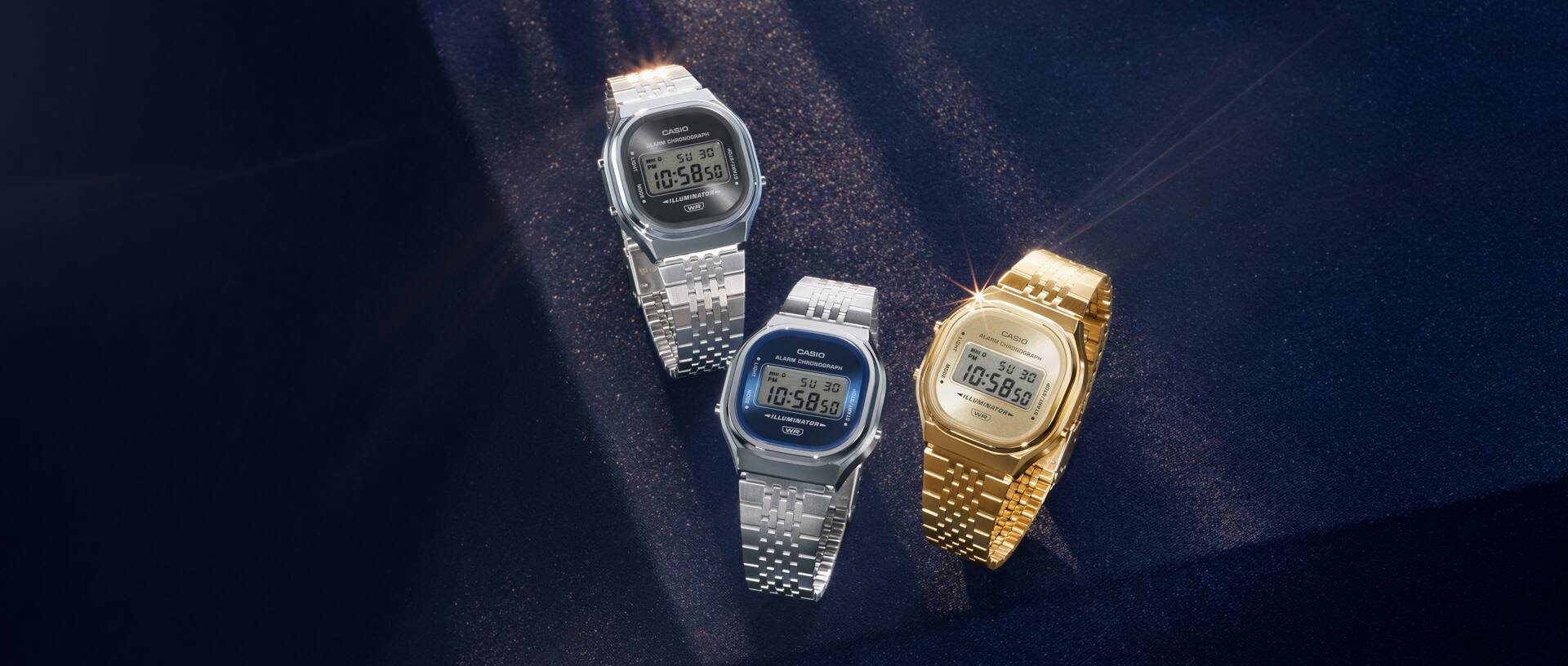 Image of the AQ-240E model watch in silver, blue, and gold