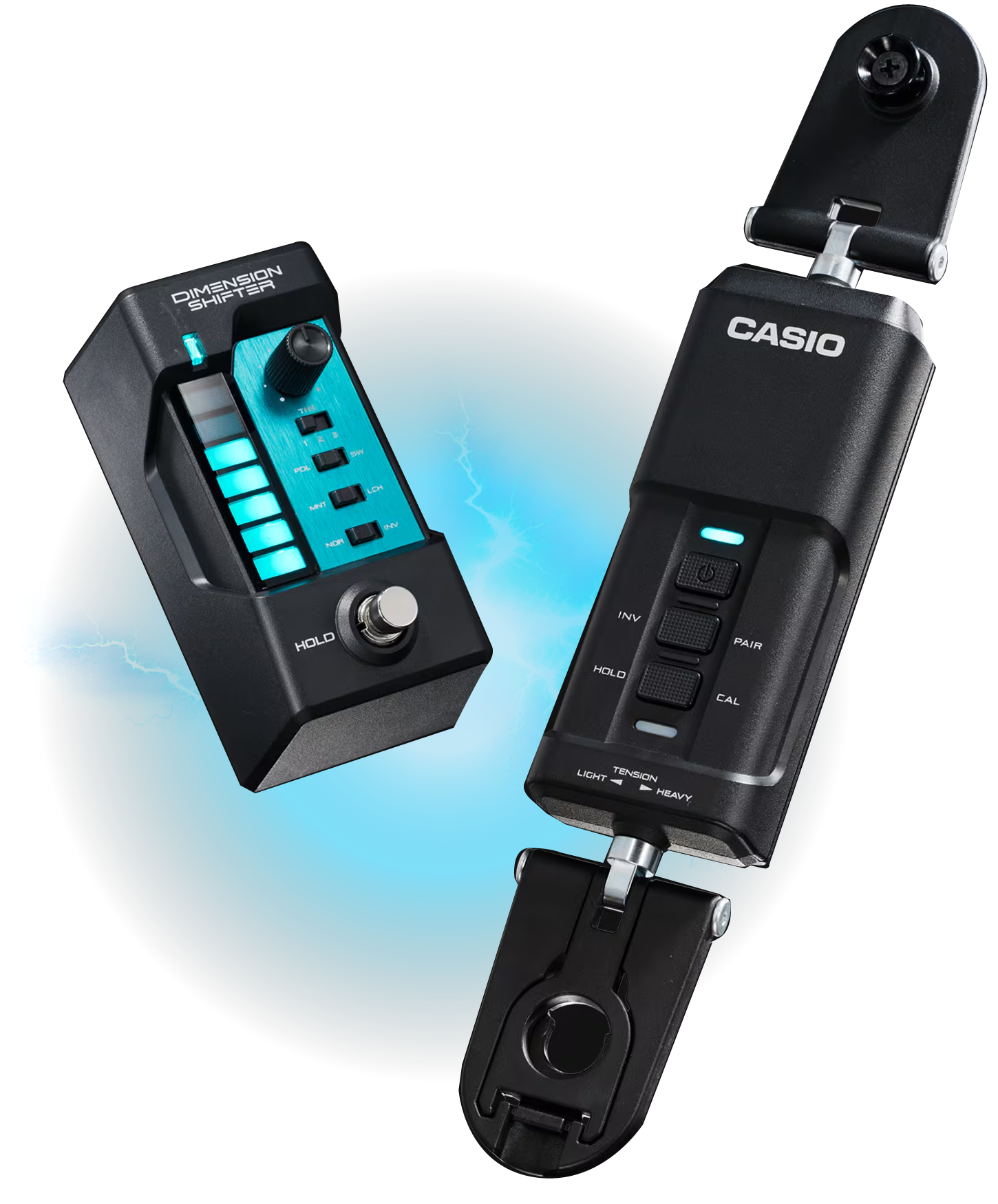 Casio Dimension Shifter wireless expression controller with receiver, strap-mounted transmitter, and protective silicone cover.