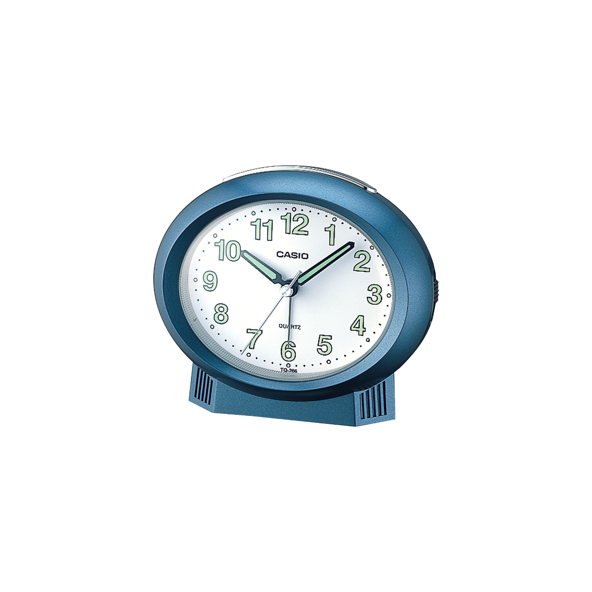 Der analoge Wecker TQ-266-2 mit einem ovalen, metallisch-blauen Gehäuse und weißem, leicht lesbaren Zifferblatt mit großen, fluoreszierenden Ziffern