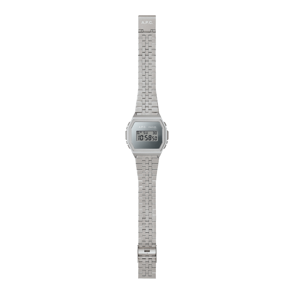Komplettansicht der A1000ACD-7 Digitaluhr mit silbernem Edelstahlarmband