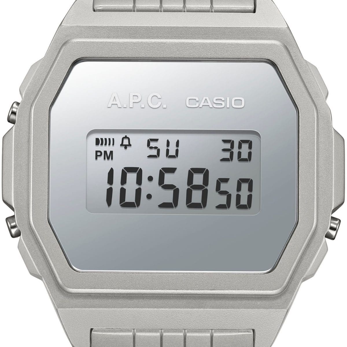 Close-Up des silbernen Digitaldisplays der A1000ACD-7 Armbanduhr