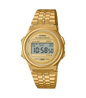 Frontansicht der runden Uhr A171WEG-9A in Gold mit Edelstahl Mesh-Armband