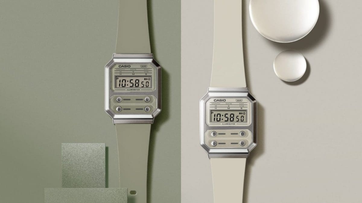 Von links: Digitale Armbanduhr A100WEF-3A in mintgrün neben der A100WEF-8A in beige