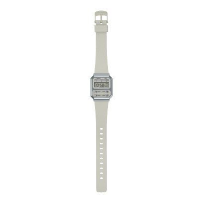 Komplettansicht der A100WEF-8A Digitaluhr mit weißem Kunststoffarmband und silber umrahmten Display