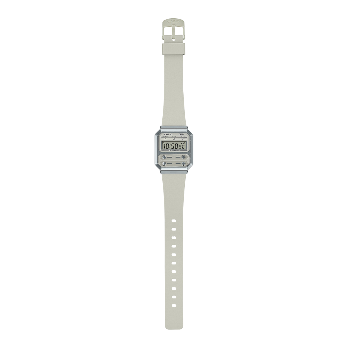 Komplettansicht der A100WEF-8A Digitaluhr mit weißem Kunststoffarmband und silber umrahmten Display