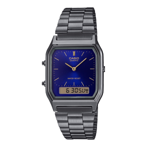 Die CASIO VINTAGE COLLECTION Armbanduhr AQ-230EGG-2A mit grauem Armband und dunkelblauem Zifferblatt. Darauf sind goldfarbene Indizes zu sehen.