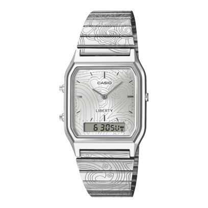 Frontansicht der AQ-230ELT-7AER mit Paisley-Muster auf Armband und Zifferblatt