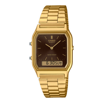 Die CASIO VINTAGE COLLECTION Armbanduhr AQ-230GA-5AMQYES mit goldenem Band und dunkelbrauner, rechteckiger Anzeige