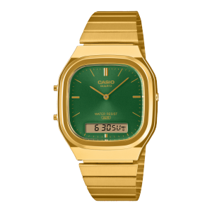 Frontansicht der goldenen Armbanduhr AQ-240EG-3A der CASIO VINTAGE COLLECTION mit dunkelgrünem Zifferblatt