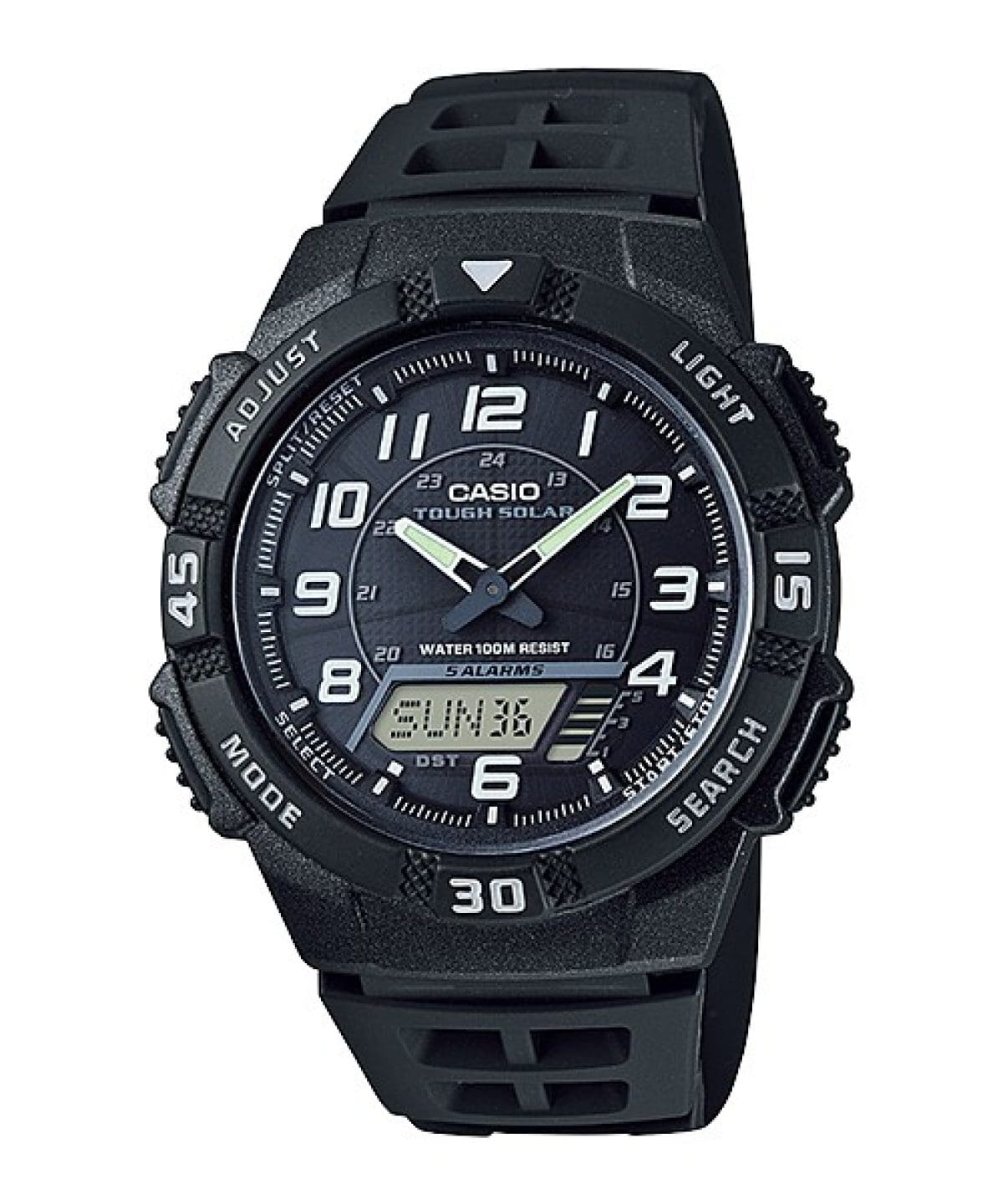 Die CASIO TIMELESS COLLECTION Armbanduhr AQ-S800W-1BV mit digital-analogem Zifferblatt und einem Armband aus Resin in Schwarz.