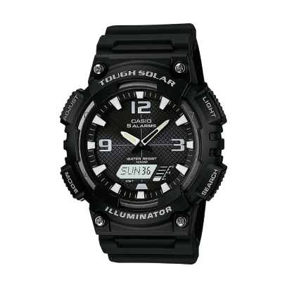 Die CASIO TIMELESS COLLECTION Armbanduhr AQ-S810W-1AV mit digital-analogem Zifferblatt und einem Armband aus Resin in Schwarz.
