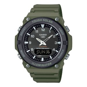 Frontansicht der AQ-S820W-3BVEF mit schwarzem Zifferblatt und dunkelgrünem Armband
