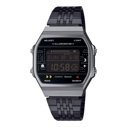 Die schwarz-graue Armbanduhr "ABL-100WEPC-1B" mit Digitalanzeige und Pacman-Illustrationen auf dem Display