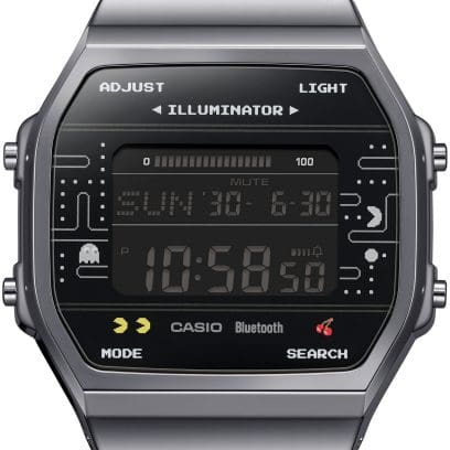 Closeup des Digitaldisplays der Pacman Kollaborationsuhr ABL-100WEPC