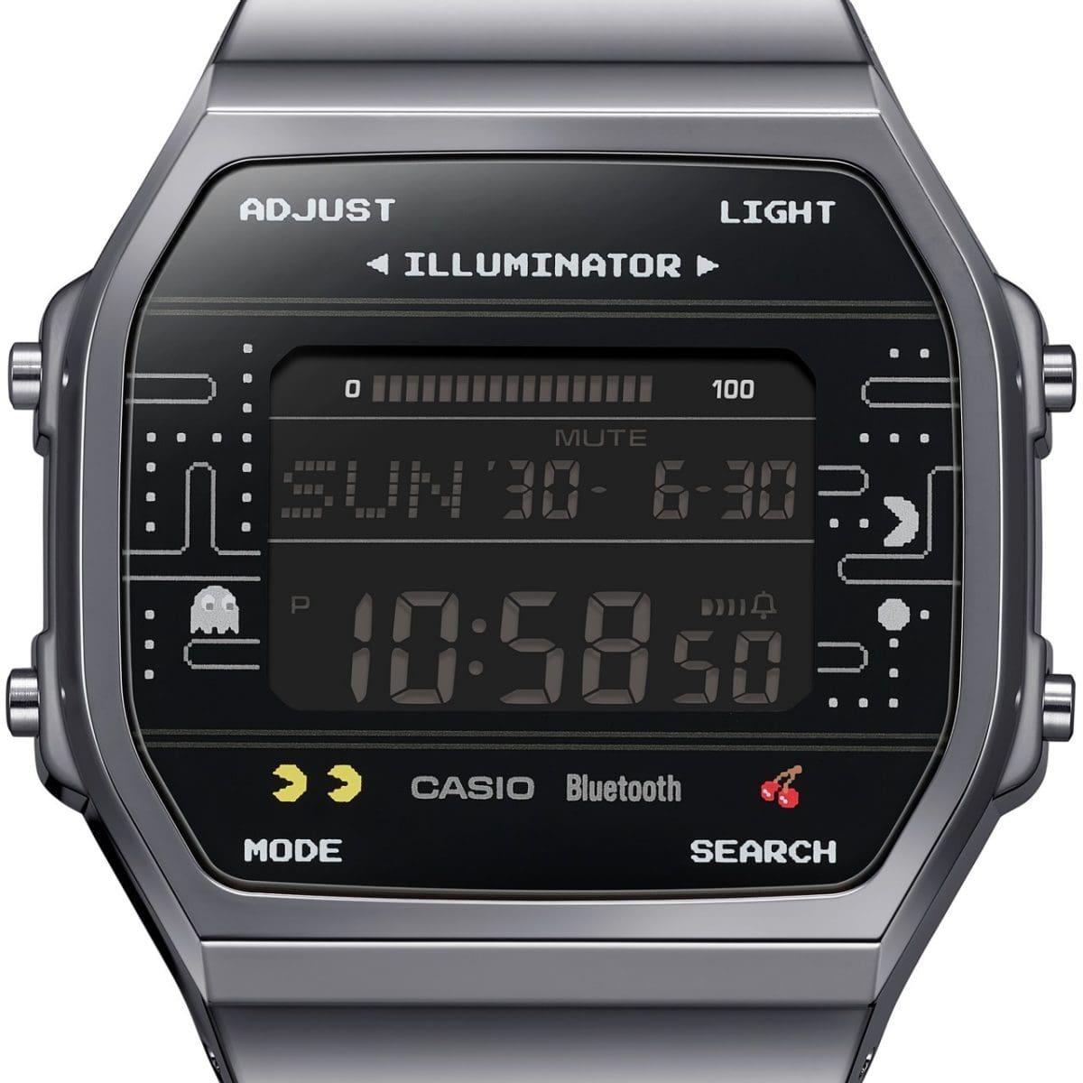 Closeup des Digitaldisplays der Pacman Kollaborationsuhr ABL-100WEPC