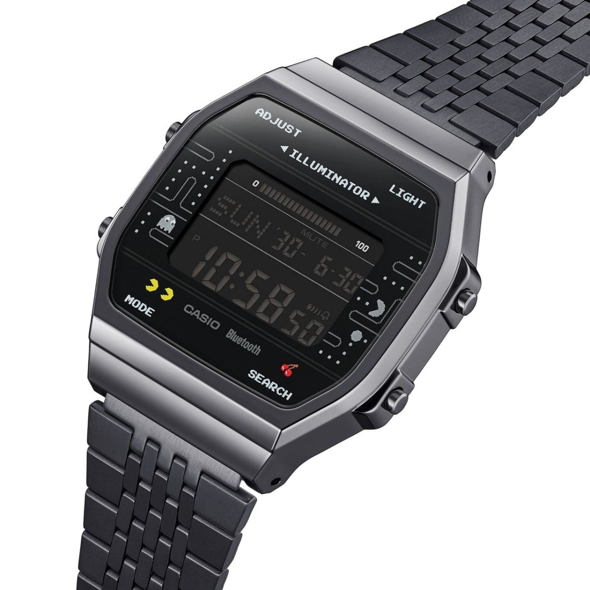 Seitliche Ansicht der ABL-100 Armbanduhr von CASIO Vintage Collection und Pacman mit seitlichen Buttons und Pacman Illustrationen