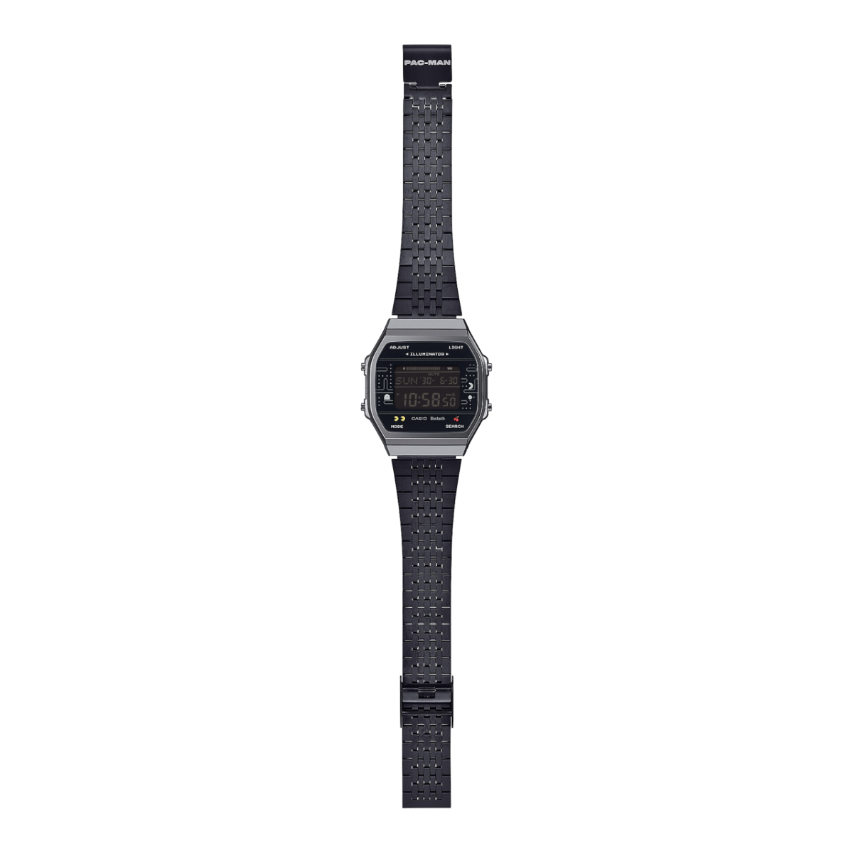 Aufgeklappte ABL-100WEPC-1B Armbanduhr von Casio Vintage Collection in Kollaboration mit Pacman