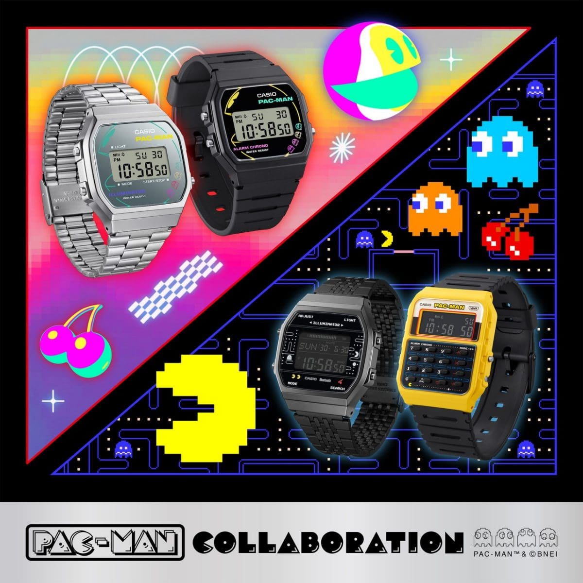 Kampagnenbild der vier Kollaborationsuhren A-168, F-91, ABL-100 und CA-53, im Hintergrund sind Illustrationen des Pacman-Spiels abgebildet