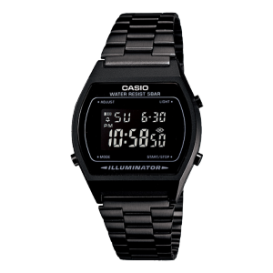 Ein Produktbild der CASIO Vintage Collection Uhr B640WB-1B mit schwarzem ionenplattiertem Armband und schwarzer Digitalanzeige