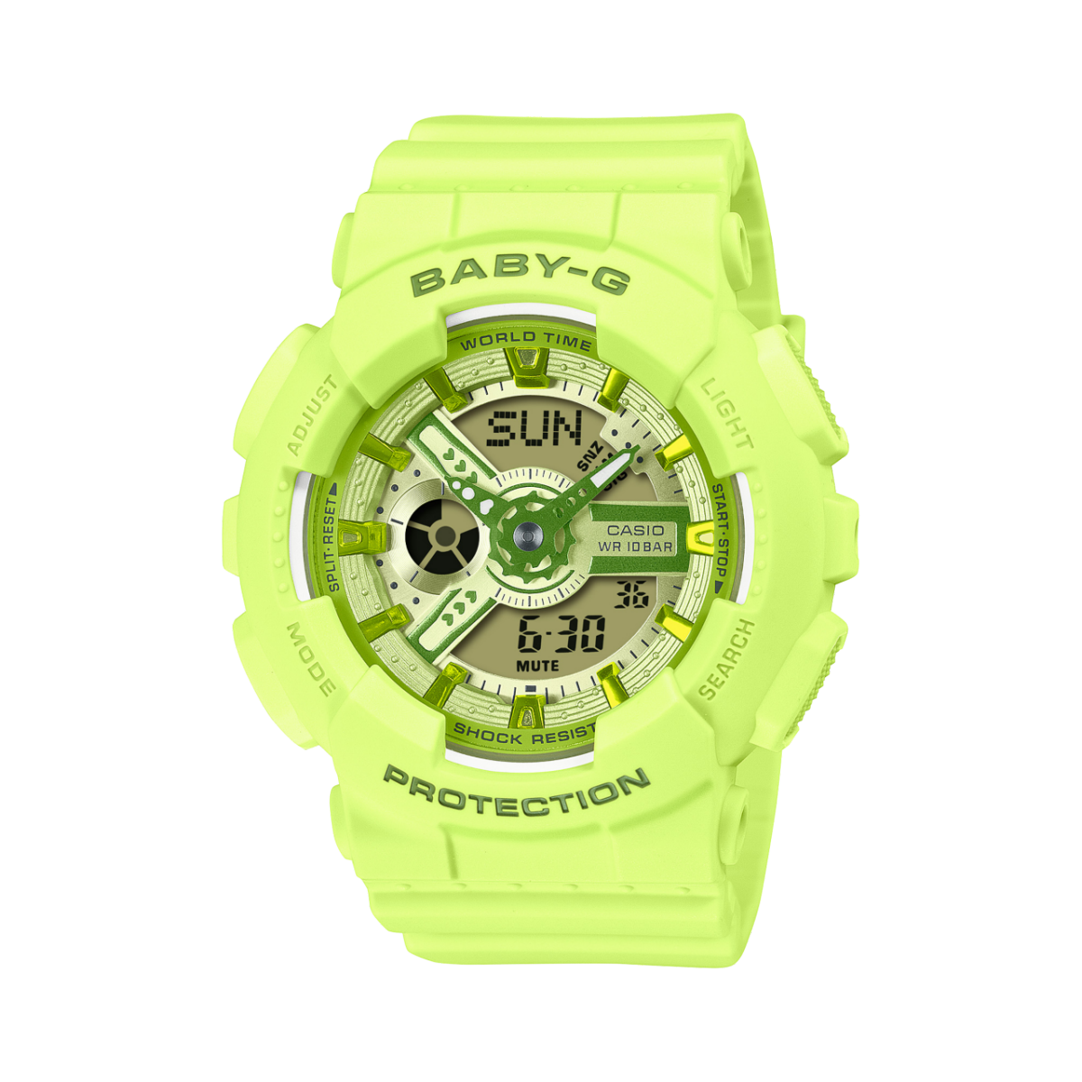 Neongrüne Baby-G Resin-Armbanduhr mit rundem massiven Gehäuse, analoger Zeitanzeige und digitaler Datumsanzeige