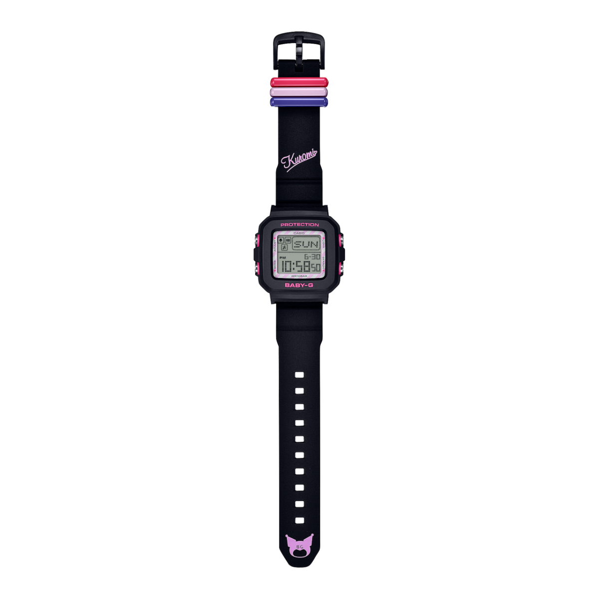 Komplettansicht der BGD-10KKM-1 Armbanduhr in schwarz mit Digitalanzeige und pinken Details