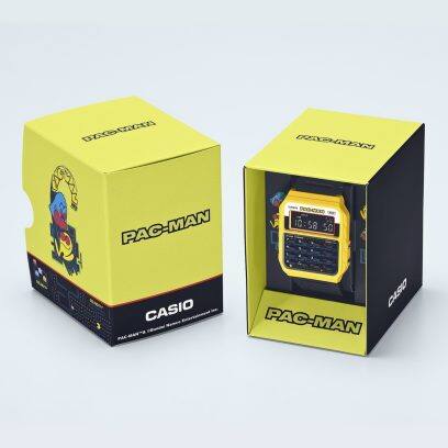 Die gelb bedruckte Verpackung der CA-53WPC Pacman-Kollaborationsuhr