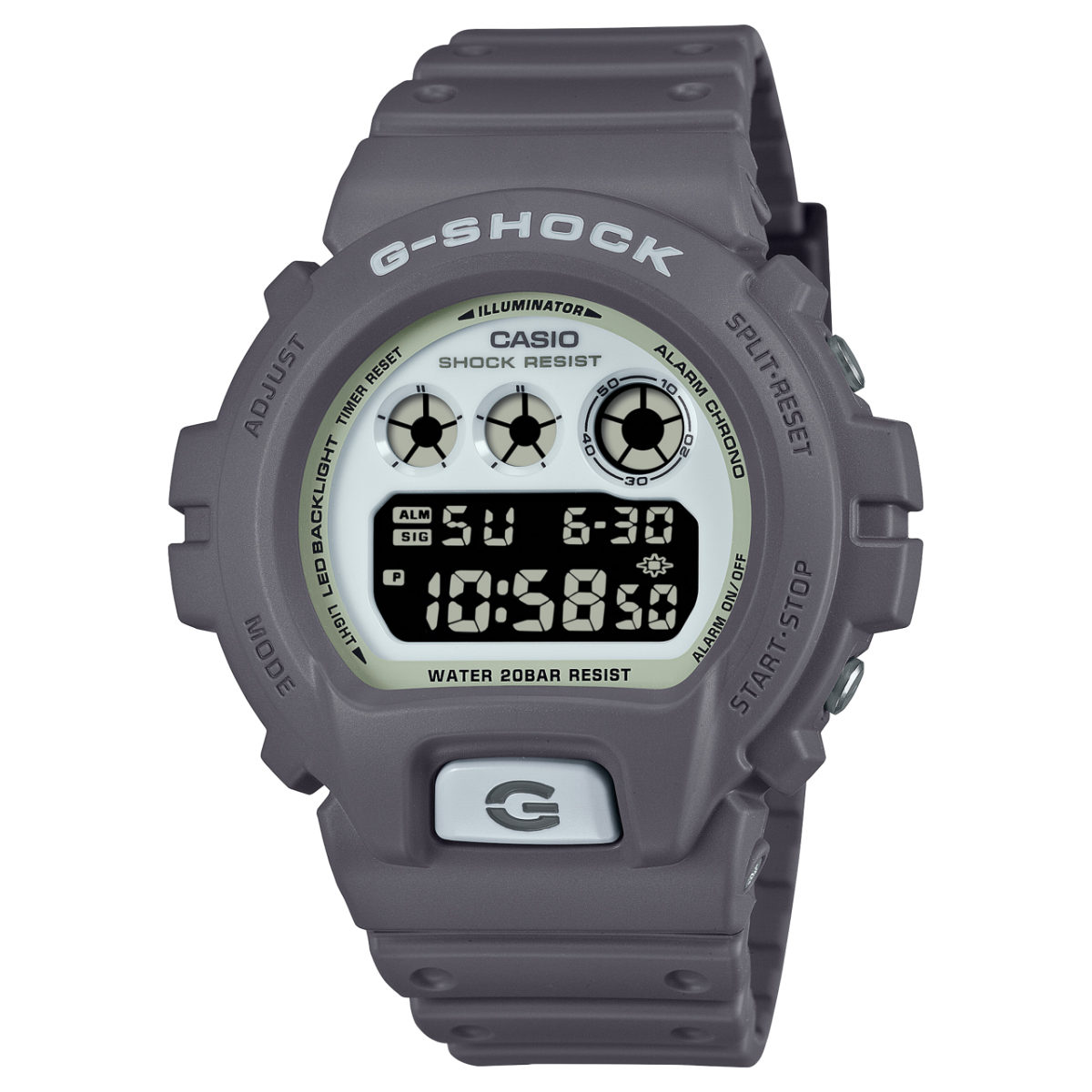 Die G-SHOCK DW-6900HD-8 Armbanduhr mit hellgrauem Armband, rundem Gehäuse und Digitalanzeige