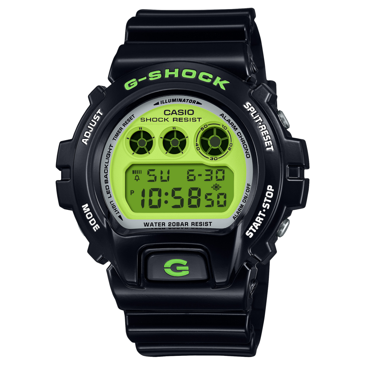Die G-SHOCK Digitaluhr DW-6900RCS-1 mit limettengrünem Zifferblatt und schwarzem Resin-Armband