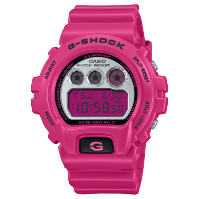 Die G-SHOCK Digitaluhr DW-6900RCS-4 mit einer silbern eingerahmten, pinken Display-Basis und knallig pinkem Resin-Armband