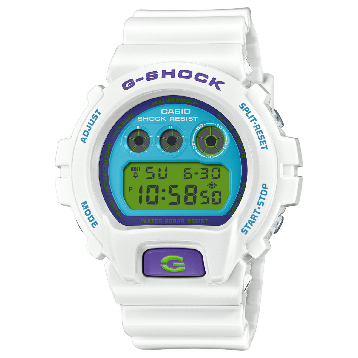 Die G-SHOCK Digitaluhr DW-6900RCS-7 mit leuchtend blauem Display und strahlend weißem Resin-Armband im Retro-Design der 2000er